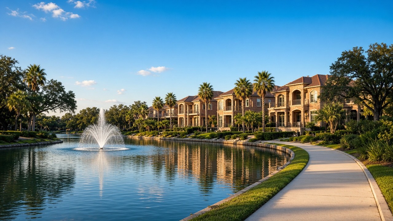 Ảnh minh họa khu nhà quy hoạch Sugar Land: hồ phun nước, đường dạo, nhà gạch hai tầng.