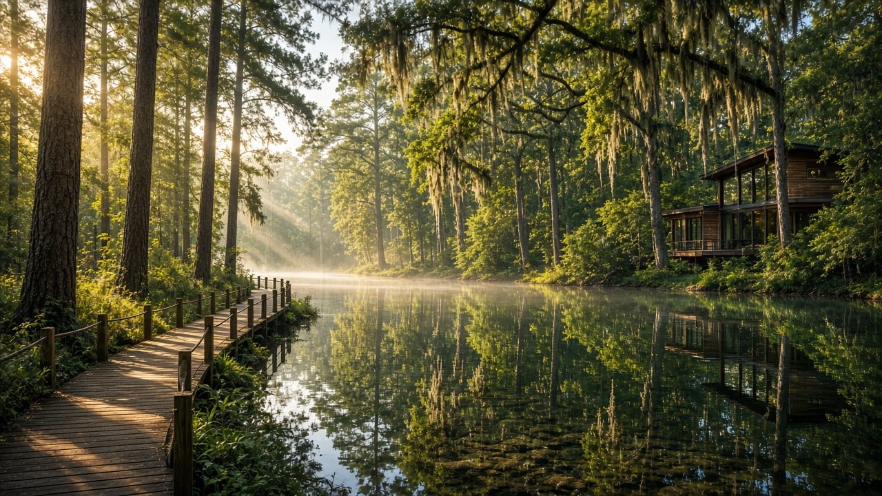 Ảnh minh họa The Woodlands: hồ dưới rừng thông, cầu gỗ, nhà ẩn sau tán cây.